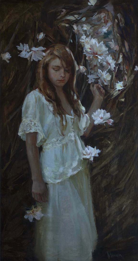 Portrait of woman in white dress with white magnolias by Johanna Harmon
