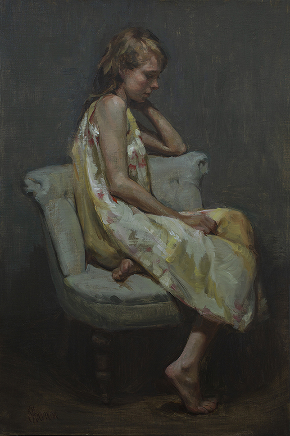 Portrait of woman sitting in chair by Johanna Harmon