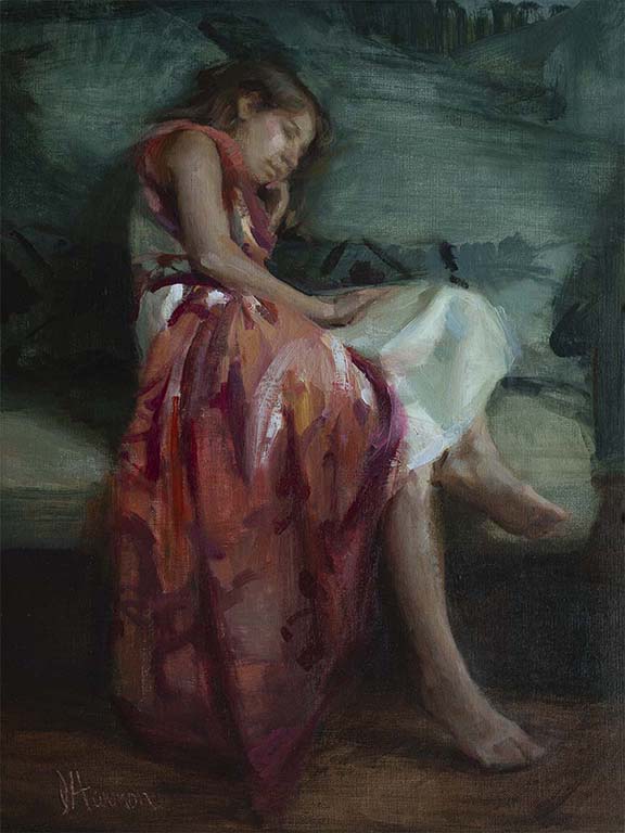 Portrait of woman resting in red dress by Johanna Harmon