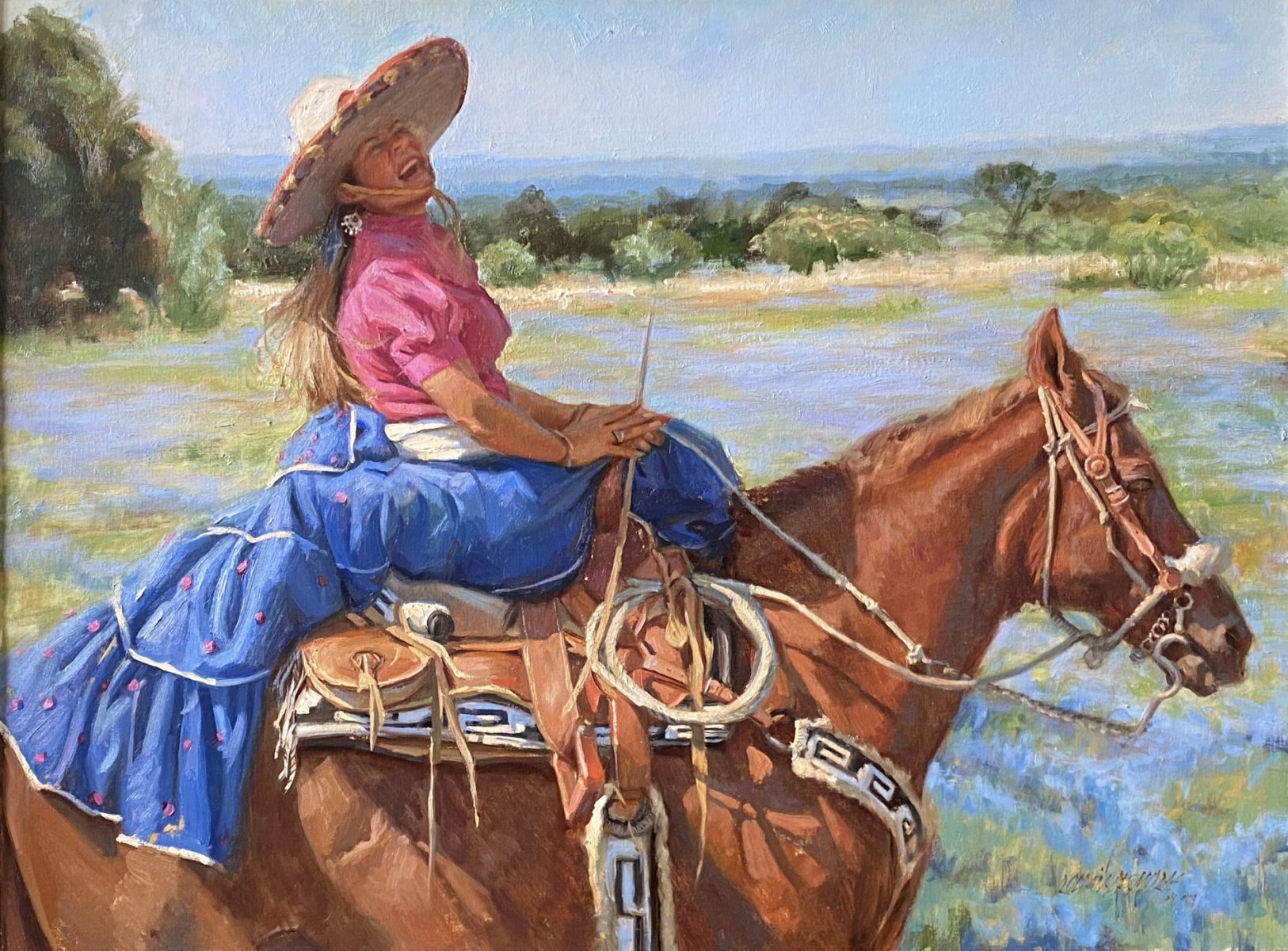 Portrait of woman riding horse in springtime by Gladys Rodlan-de-Moras