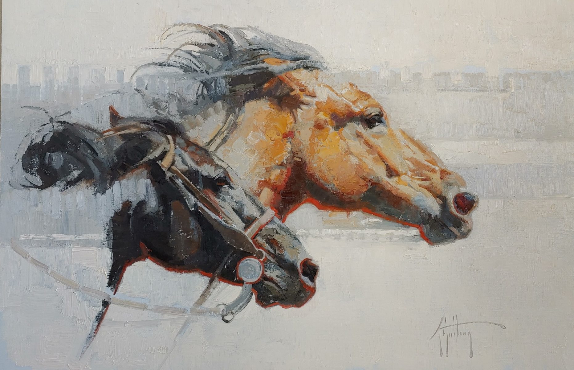 Oil painting of two horses portraits