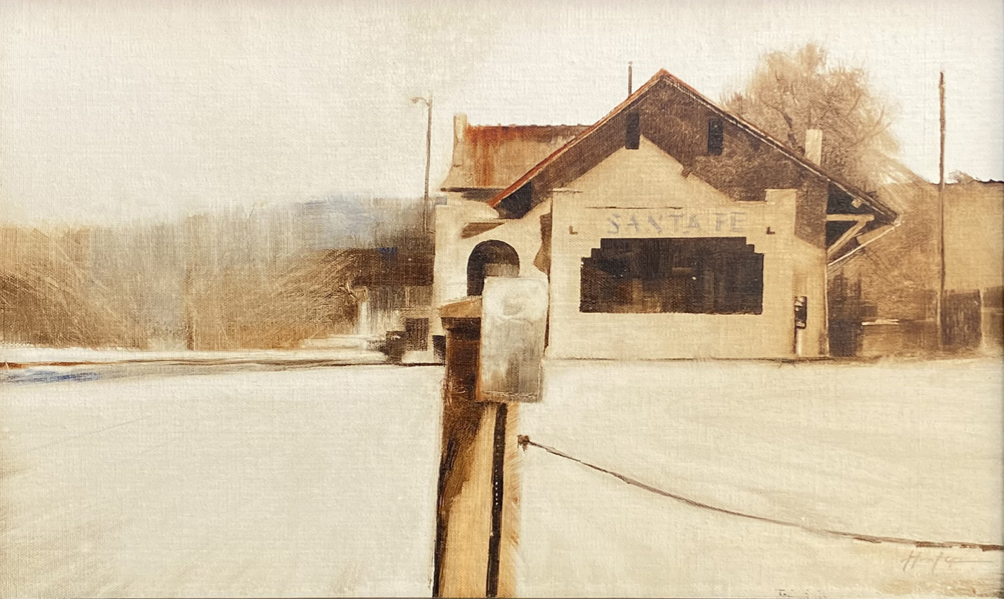 Oil painting of Santa Fe train station by Charlie Hunter
