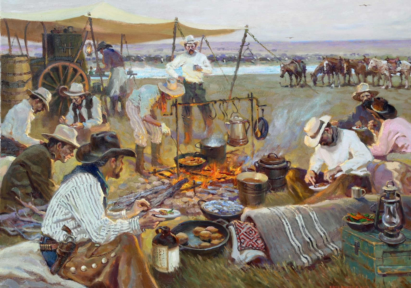 Western impressionist painting of settler's feast by Xiang Zhang