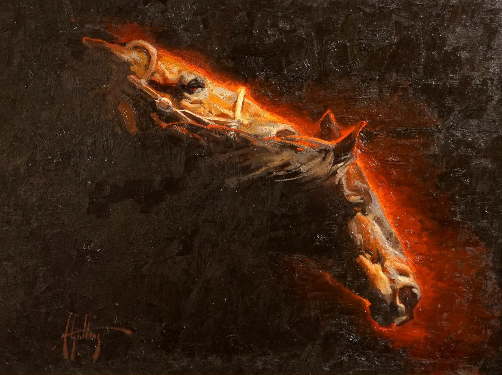 Oil painting of side profile of two horses