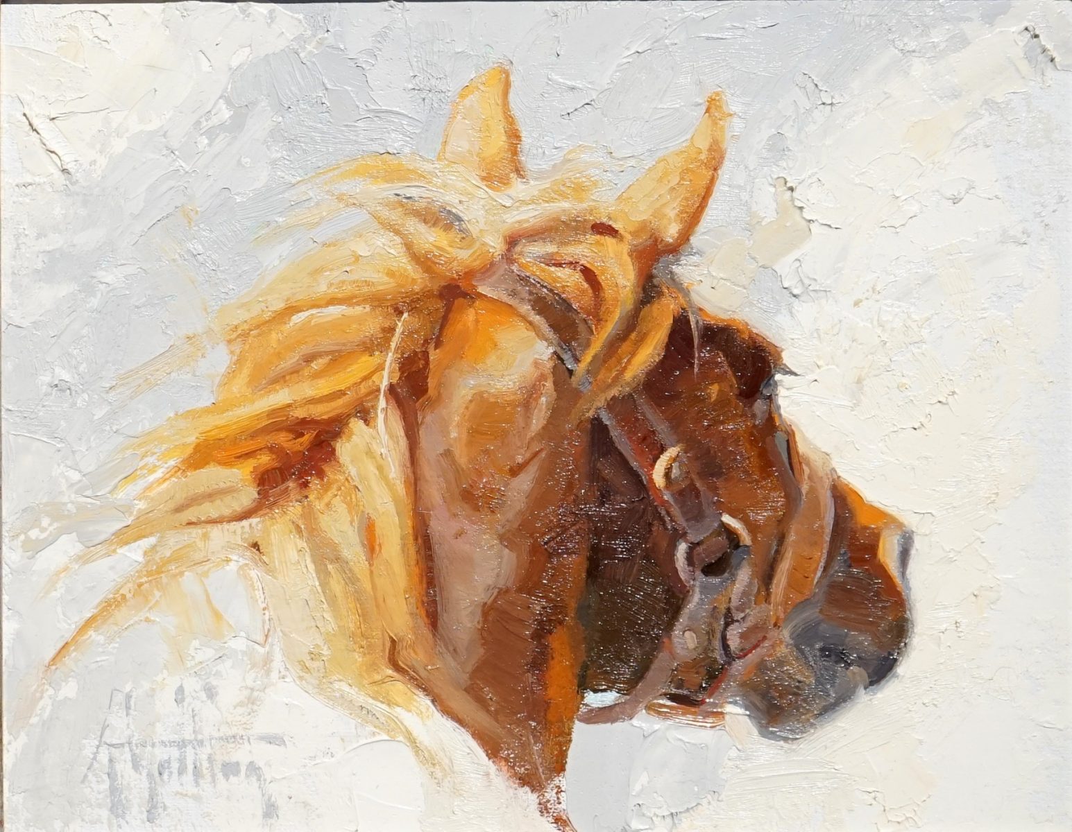 Oil painting of back of horses head