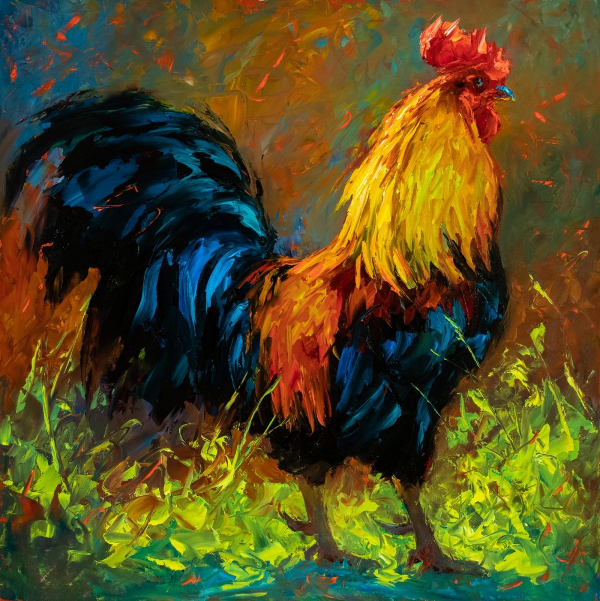 Oil painting of rooster by Cheri Christensen