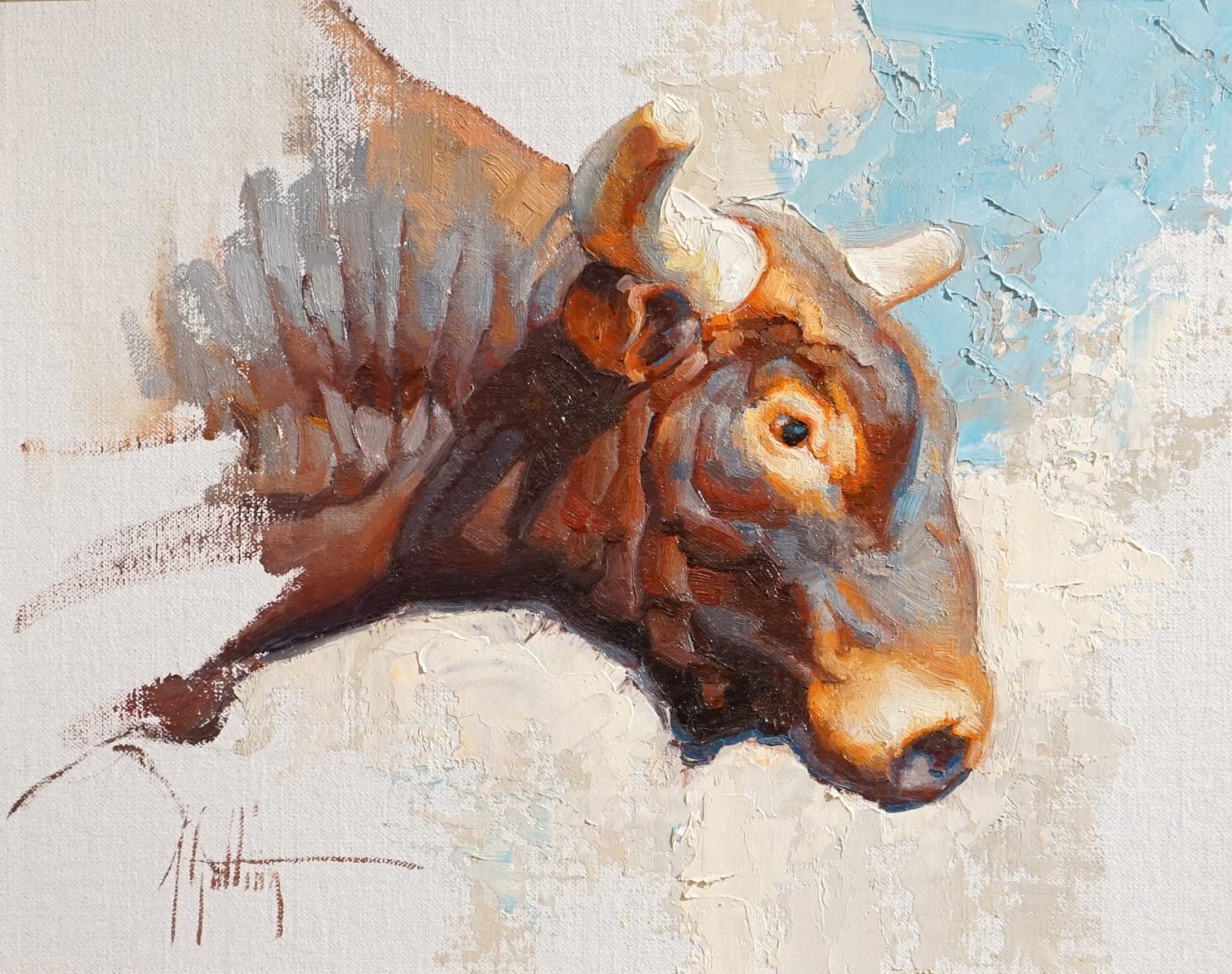 Oil painting depicting a side profile of an angry bull by Abigail Gutting