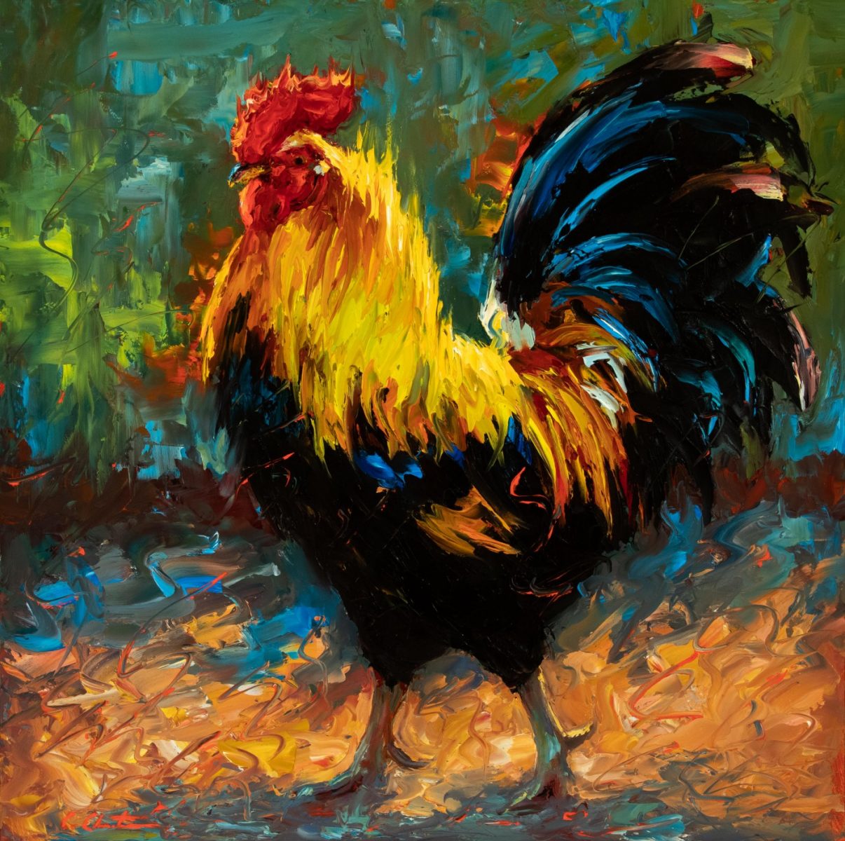 Oil painting of rooster by Cheri Christensen