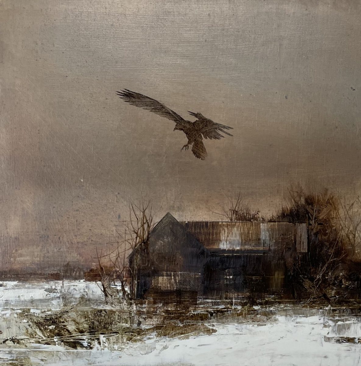 Oil painting of Crow flying over barn by Charlie Hunter