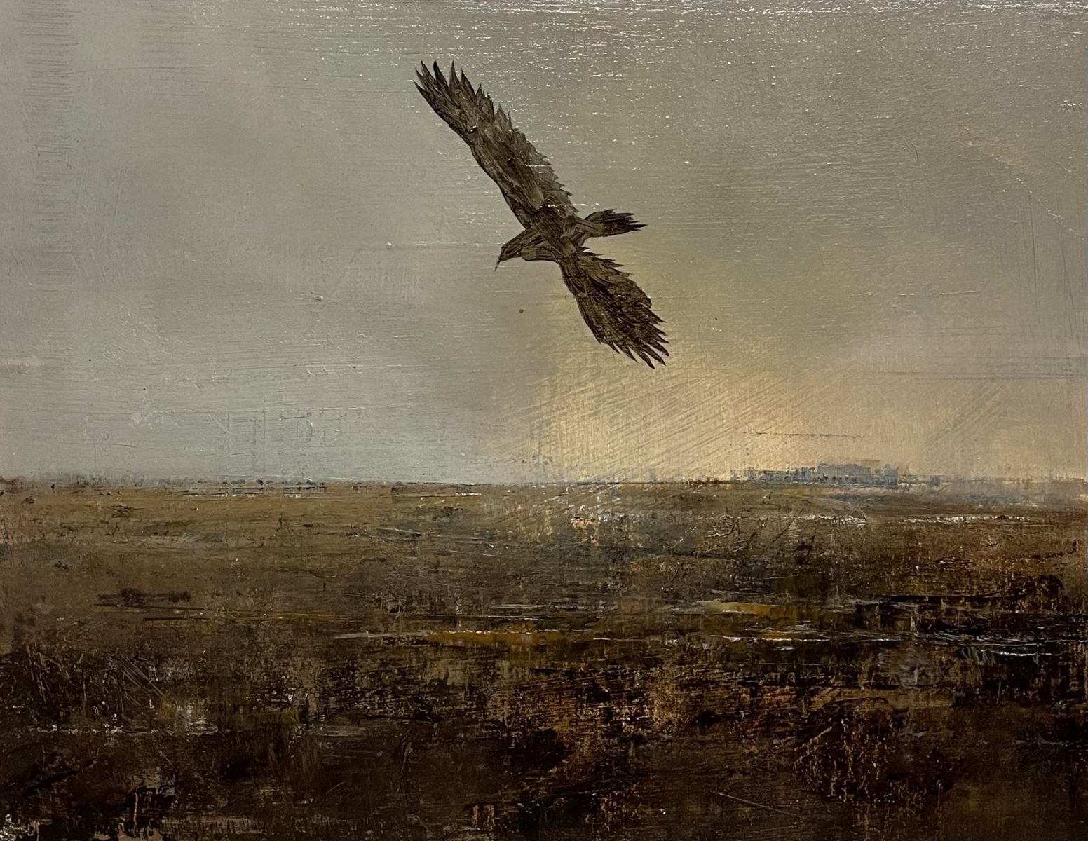 Oil painting of crow flying by Charlie Hunter