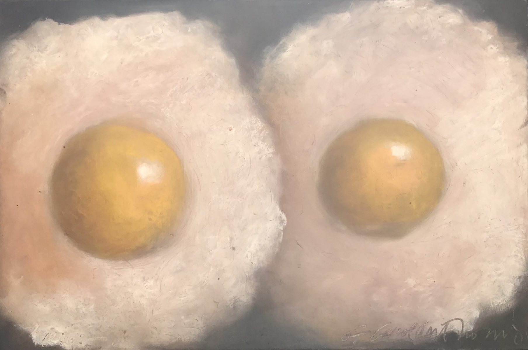 Oil pastel painting of two sunny side up eggs by Carol Anthony