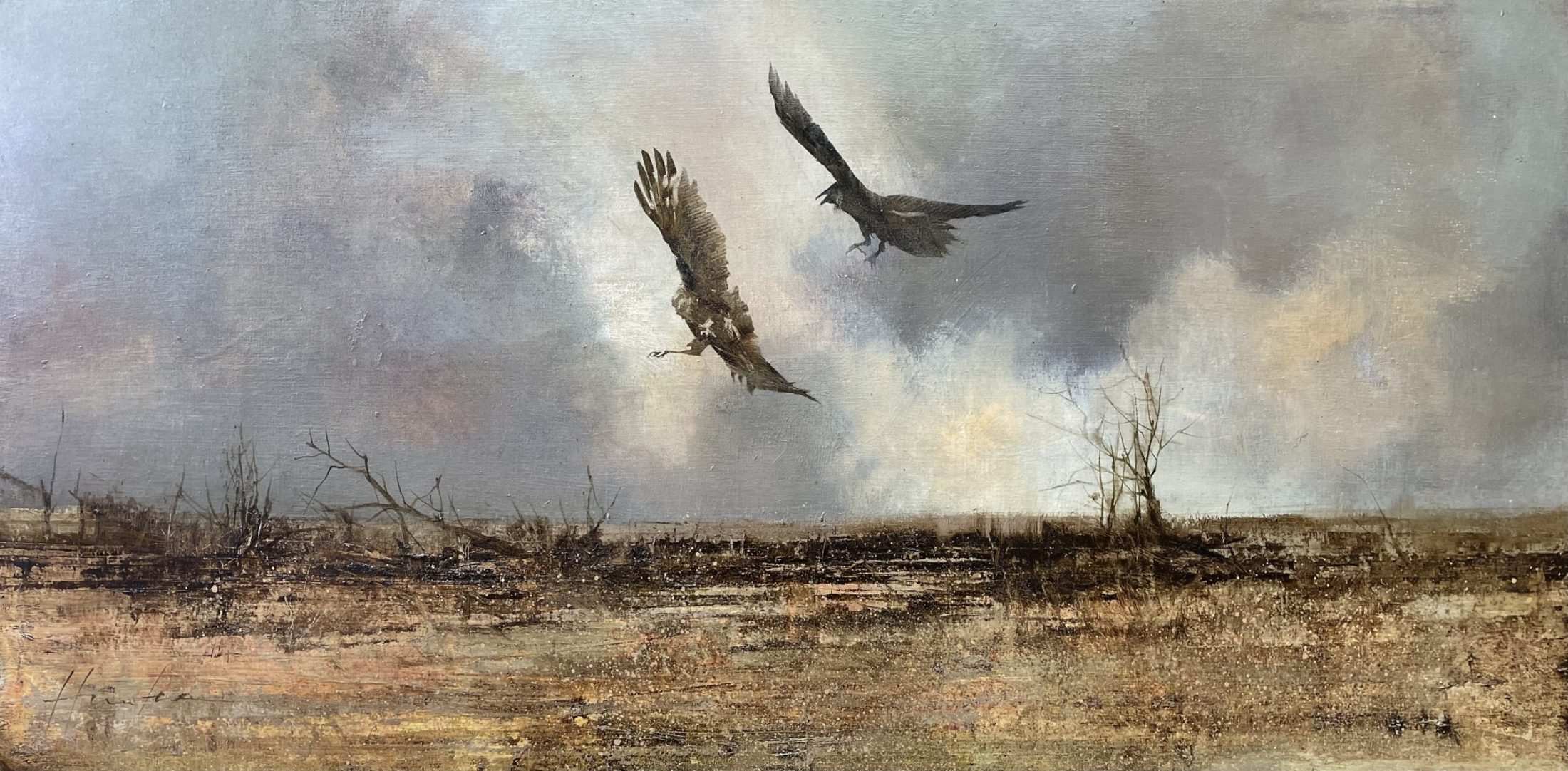 Oil painting of hawk and raven flying by Charlie Hunter
