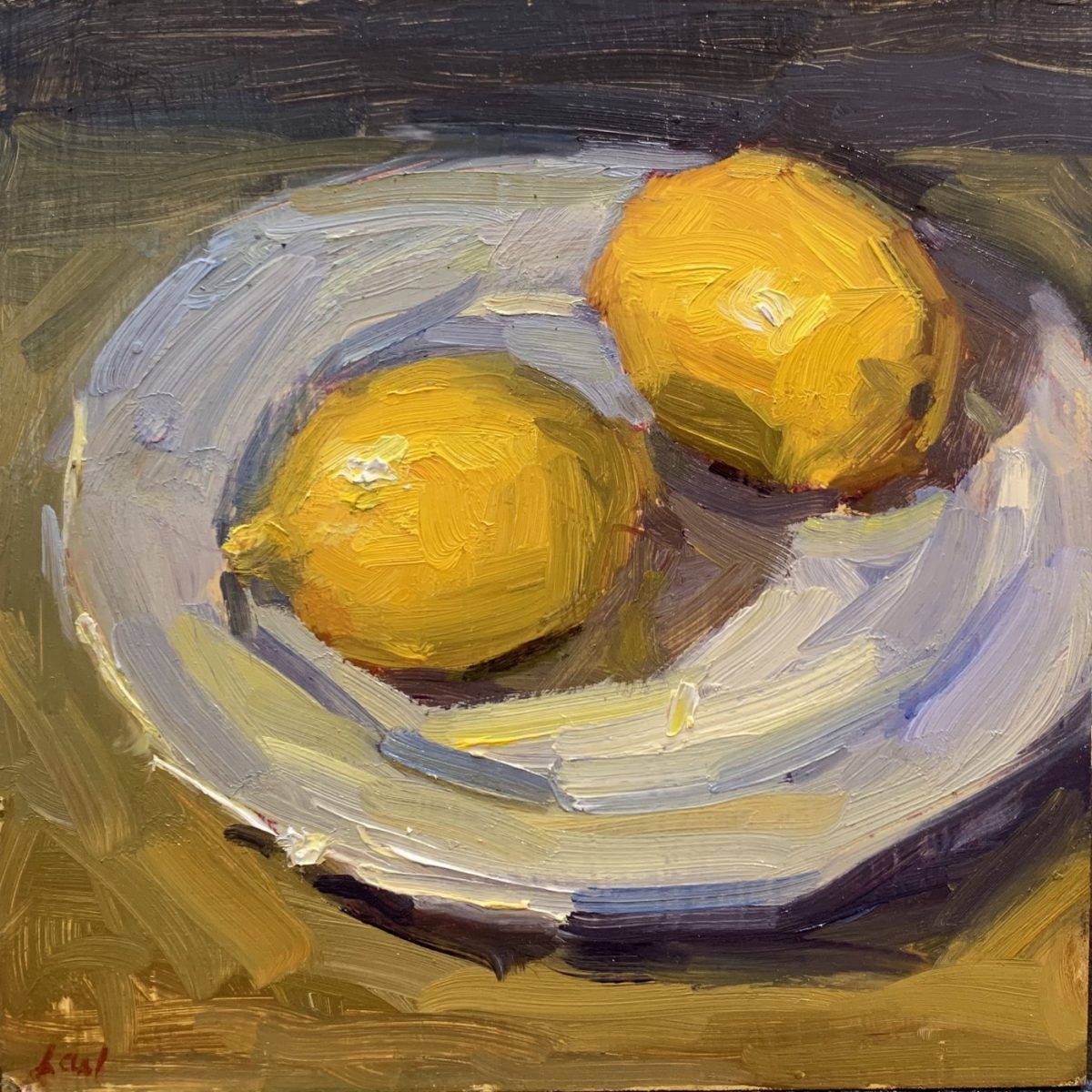 Still life of two lemons on plate by Lael Weyenberg