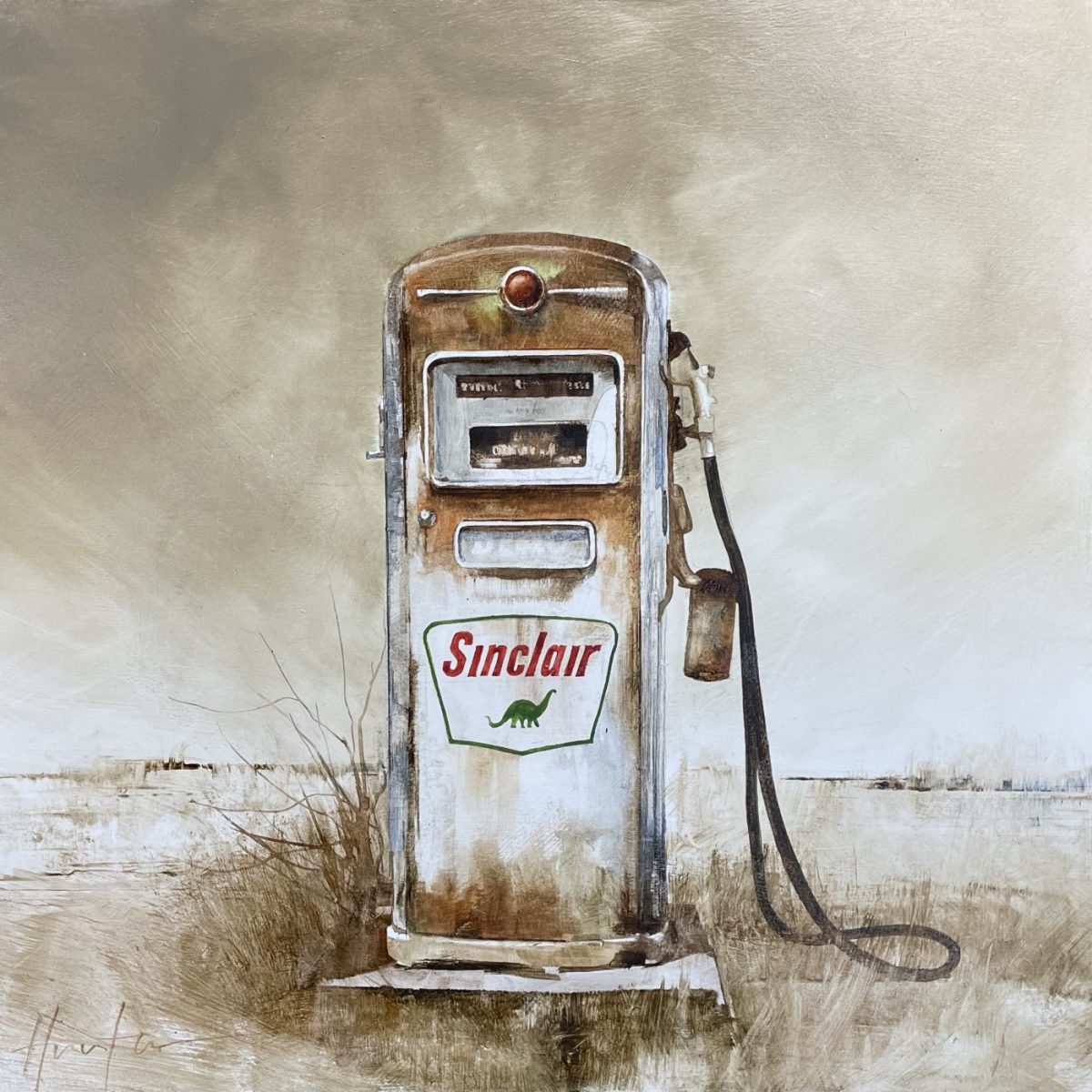Oil painting of old gas pump by Charlie Hunter
