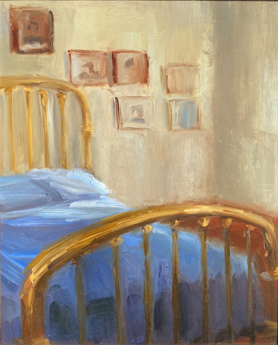 Oil painting of bedroom interior by Lael Weyenberg