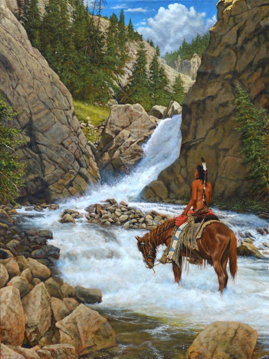 Native American in river below waterfall by Dan Bodelson