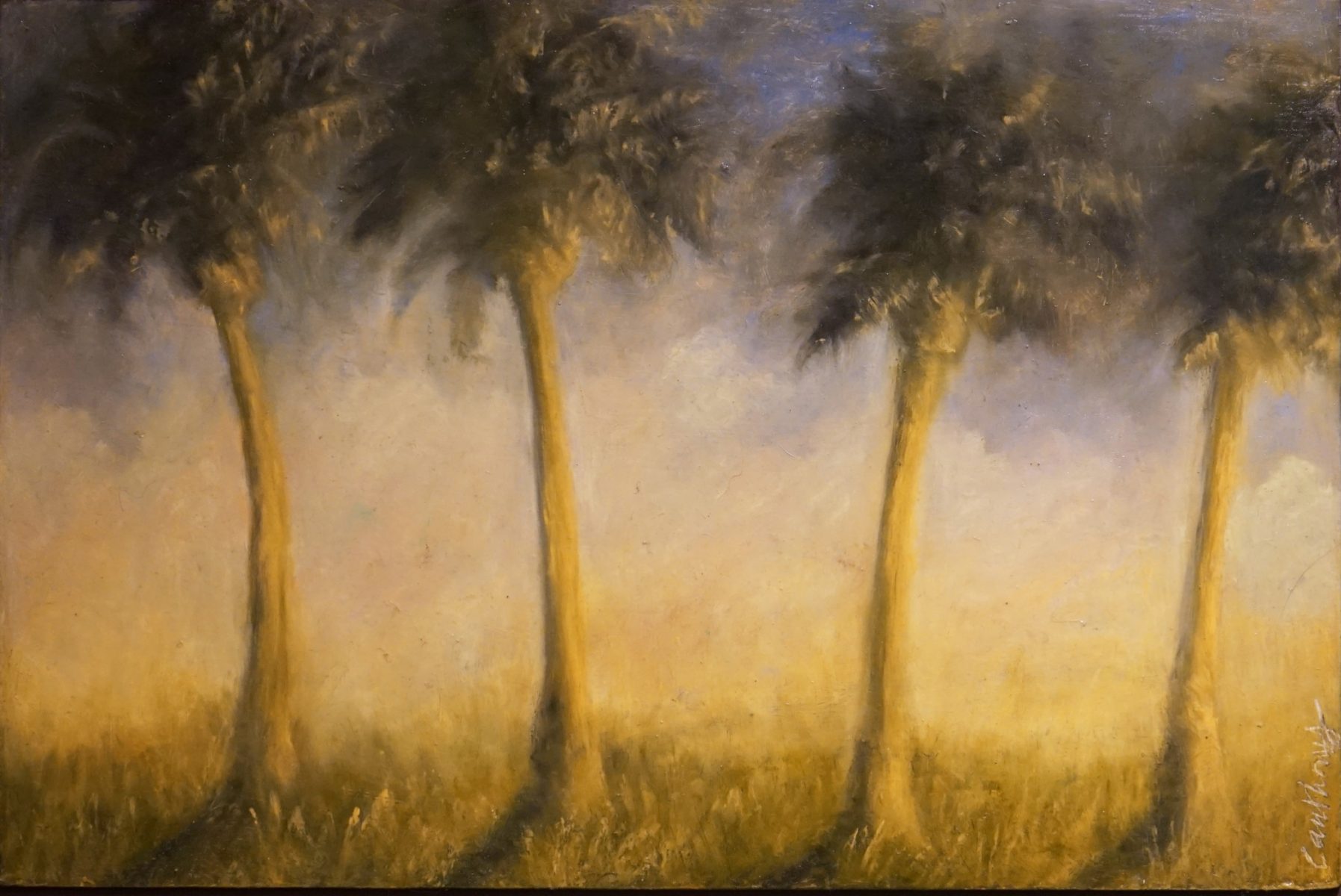 Oil pastel painting of four palm trees by Carol Anthony