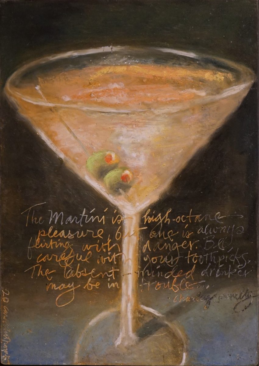 Oil pastel of Martini Glass with script by Carol Anthony