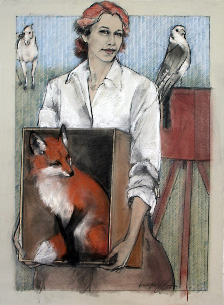 Mixed Media painting of a woman holding a fox in a box by Donna Howell-Sickles