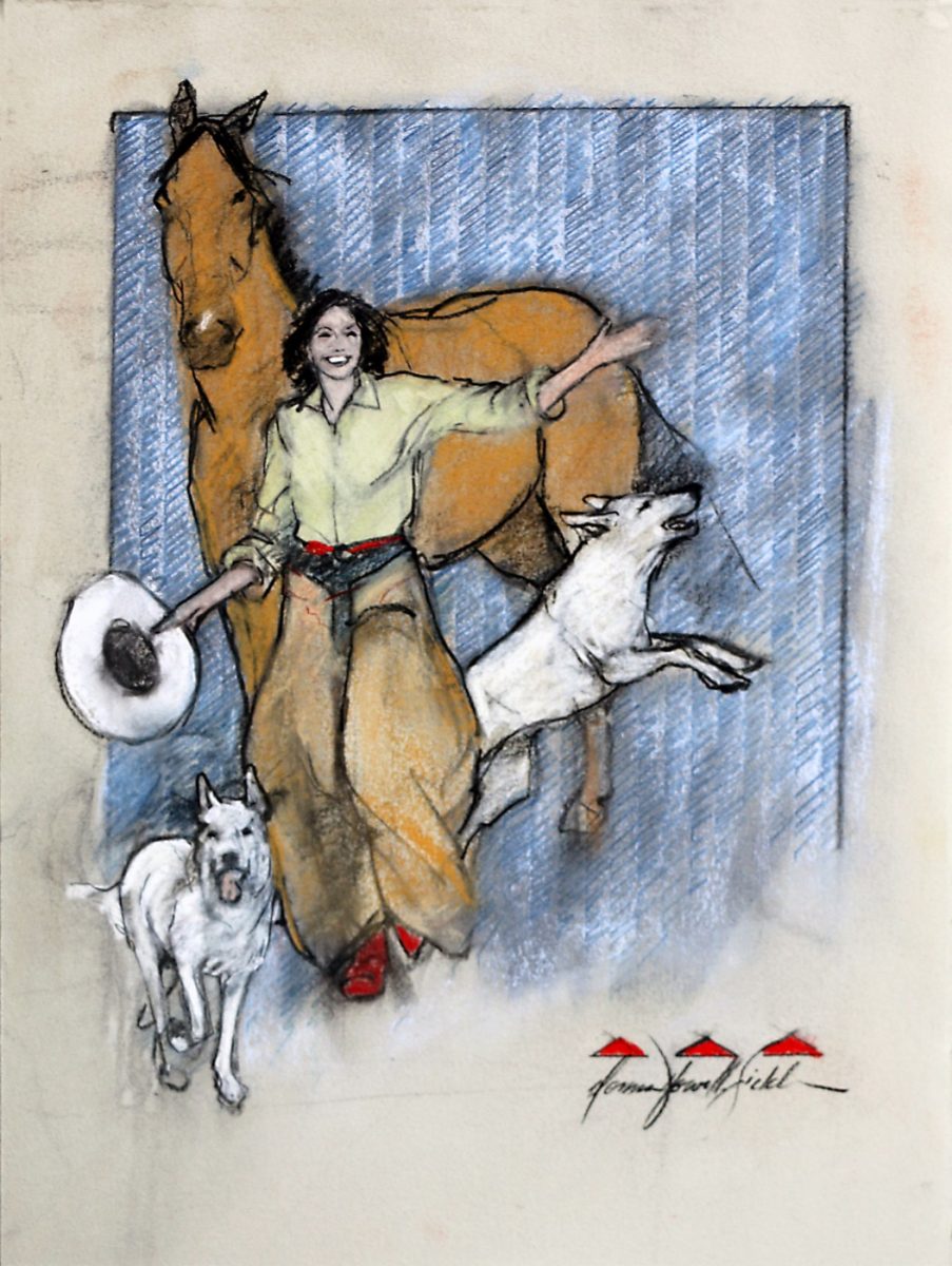 Mixed Media painting of woman and her two dogs with a horse by Donna Howell-Sickles