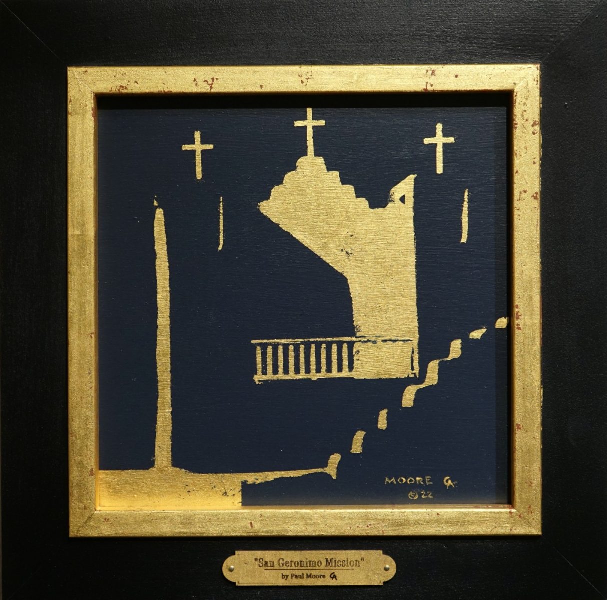 Gold leaf painting of New Mexico Mission by Paul Moore