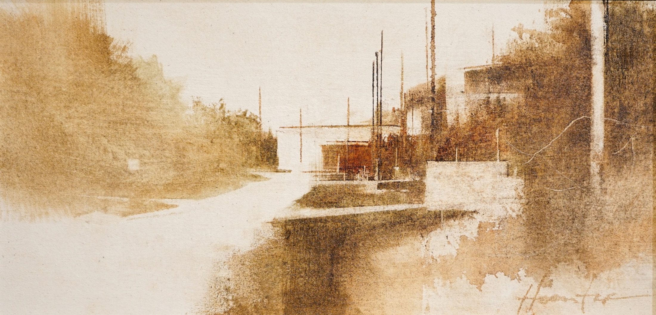 Oil painting of creek in old town by Charlie Hunter