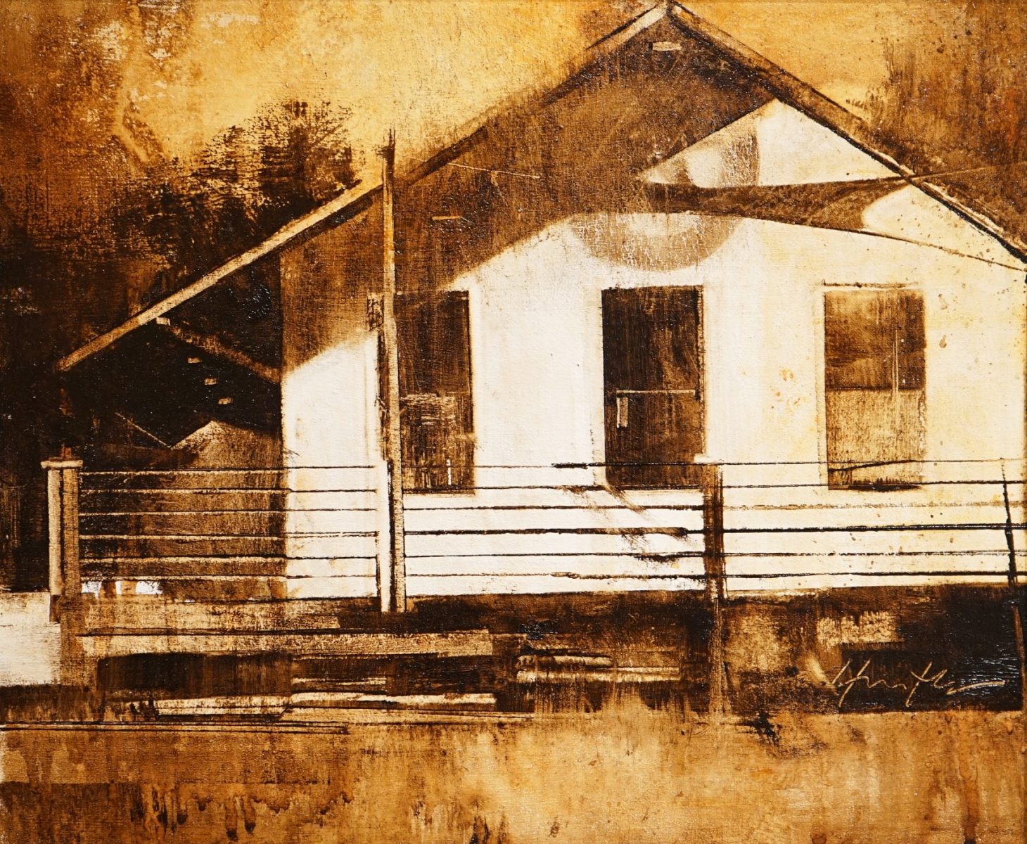 Oil painting of old structure by Charlie Hunter