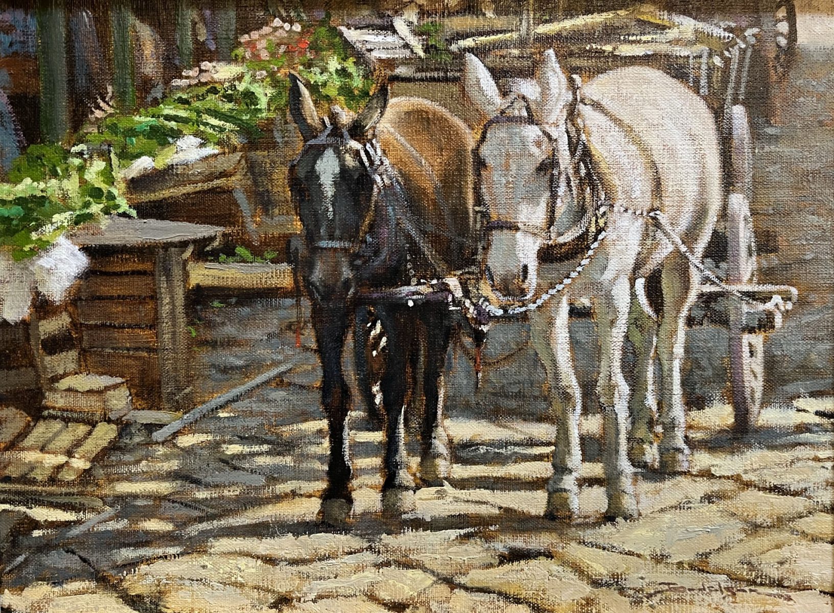 Marketplace scene with donkey's pulling cart by Dan Bodelson