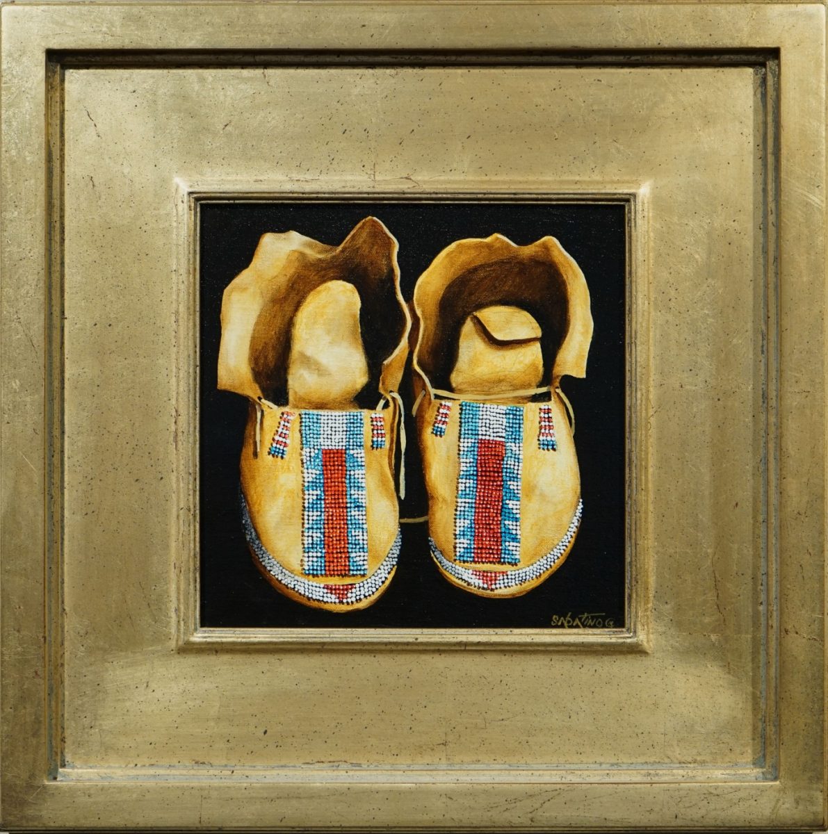 Oil painting of native American moccasins by Chuck Sabatino