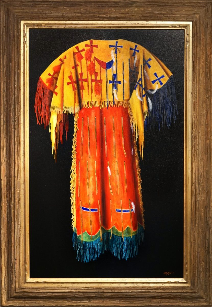 Oil painting of native american ghost dance dress by Chuck Sabatino