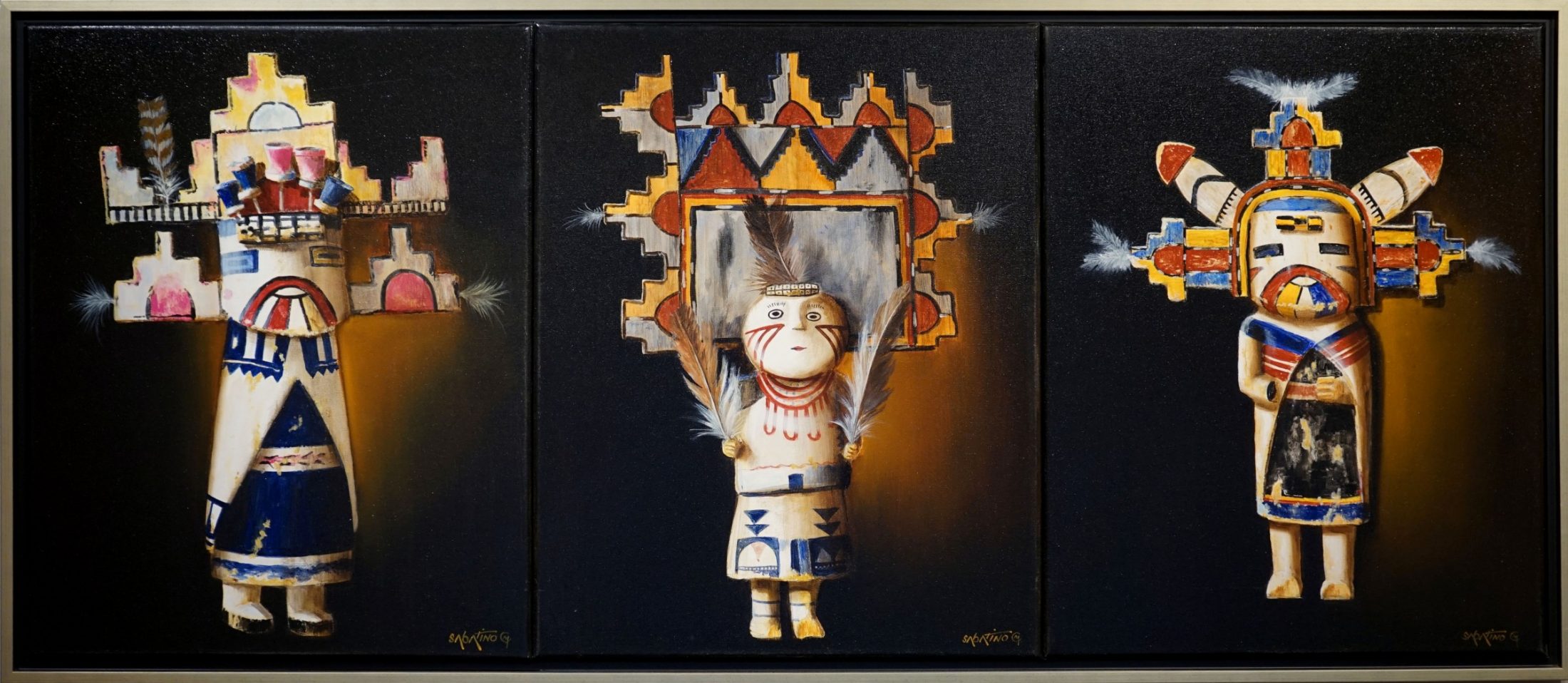 Oil painting of three kachina dolls by Chuck Sabatino