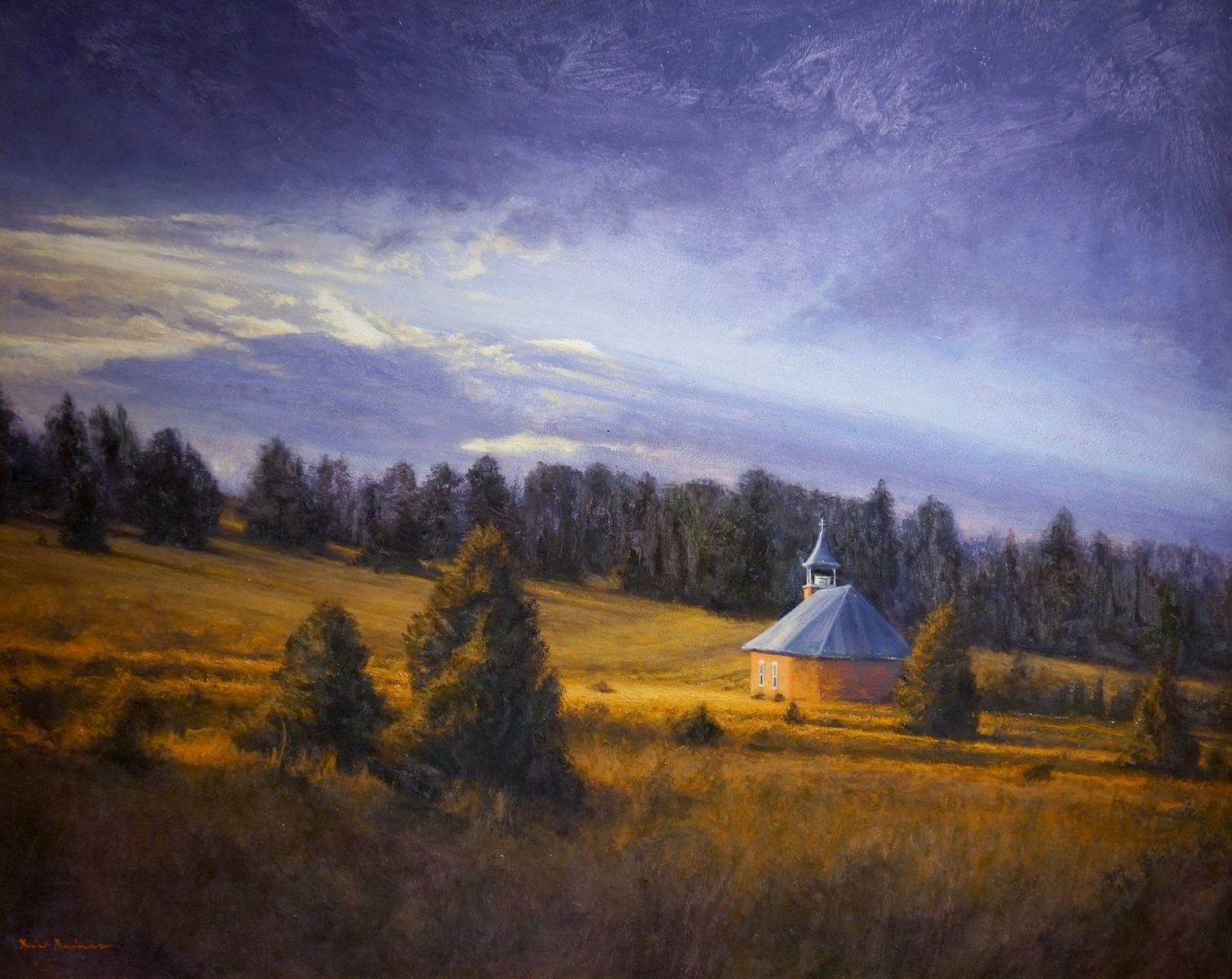 Oil painting of landscape and adobe church by Dix Baines