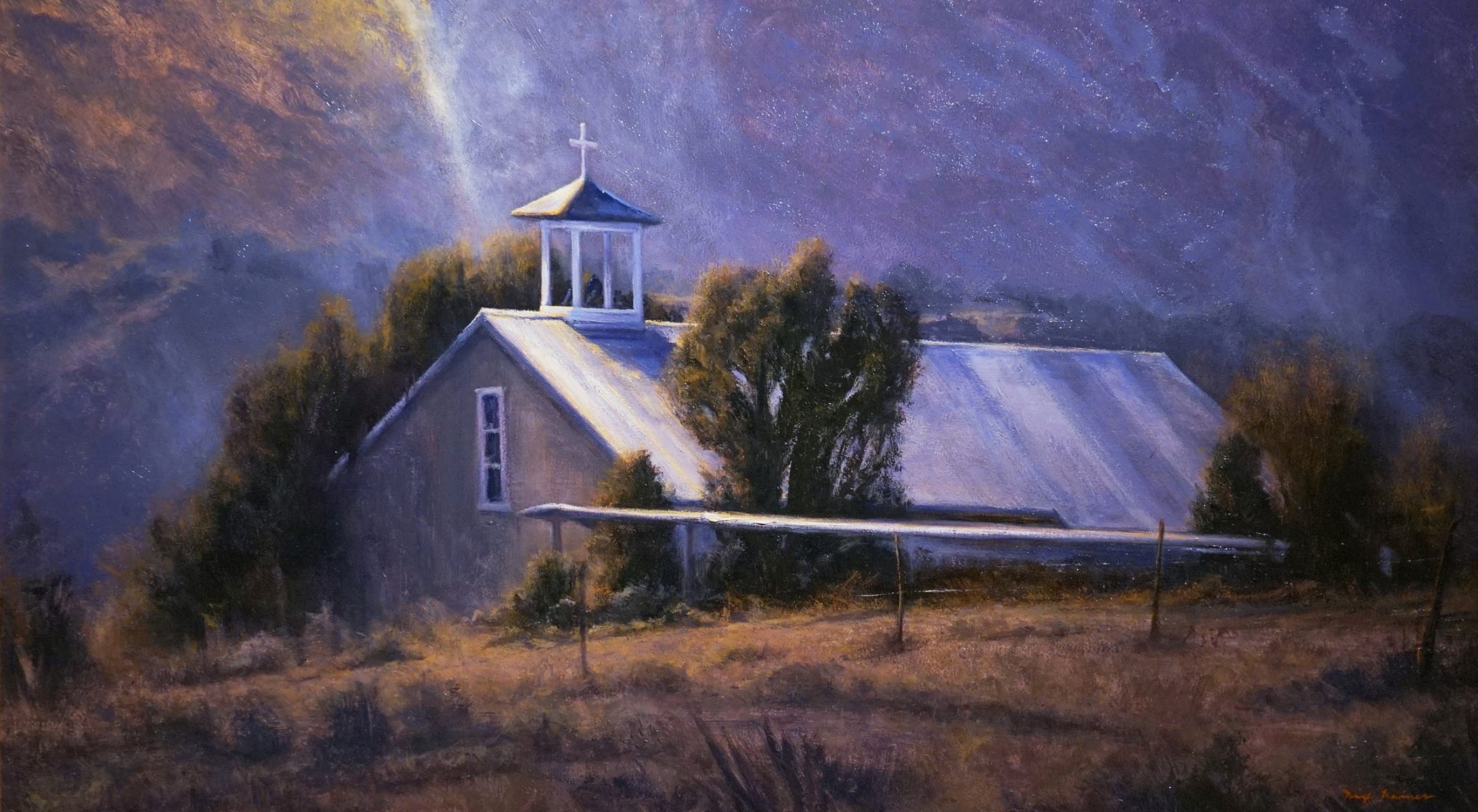 Oil painting of adobe church by Dix Baines