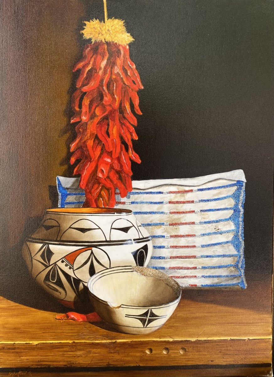 Oil still life painting with pottery and ristra by Chuck Sabatino