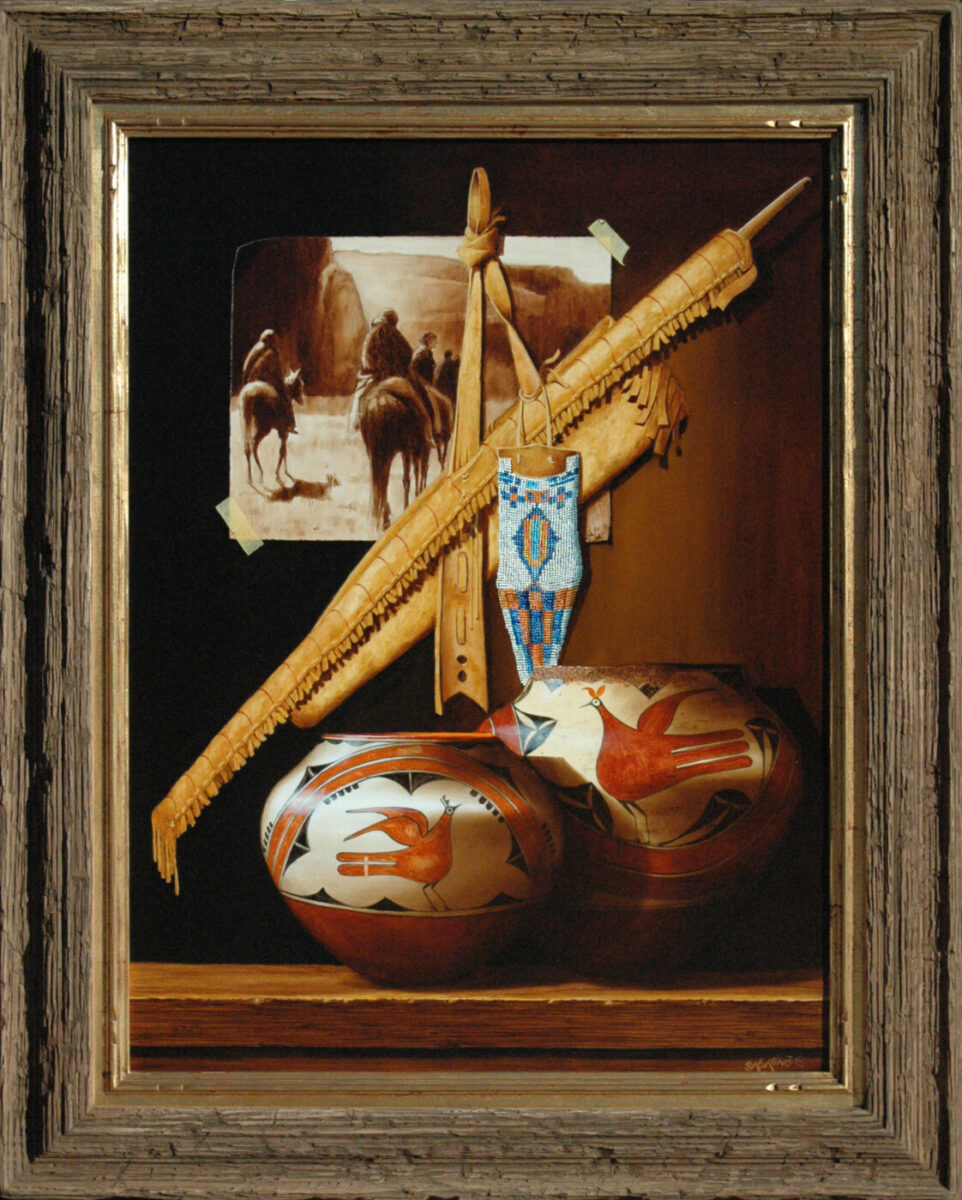 Oil painting of old photograph, tobacco pipe and native american pottery by Chuck Sabatino