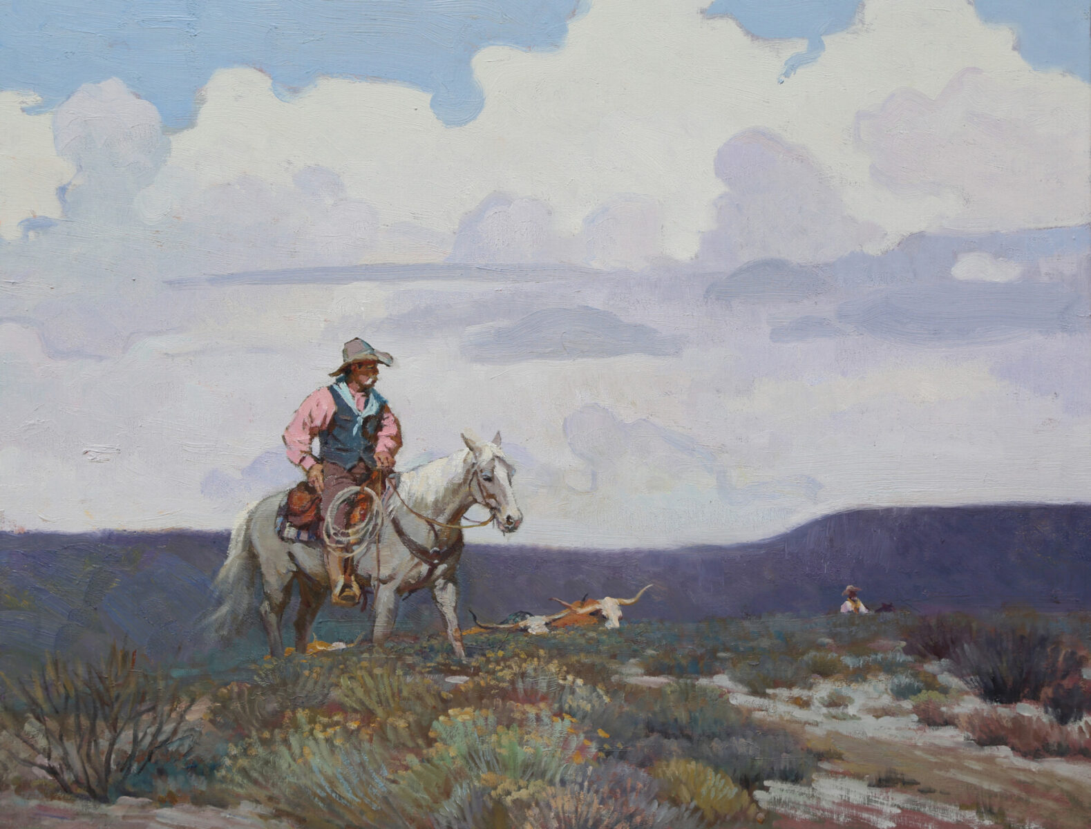 Western impressionist painting of cowboy on hilltop by Xiang Zhang