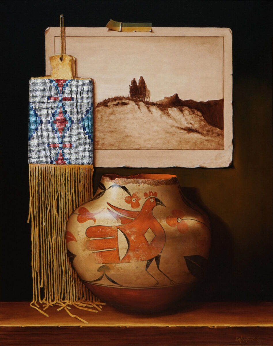 Oil painting of old photograph, beaded bag and native american pottery by Chuck Sabatino