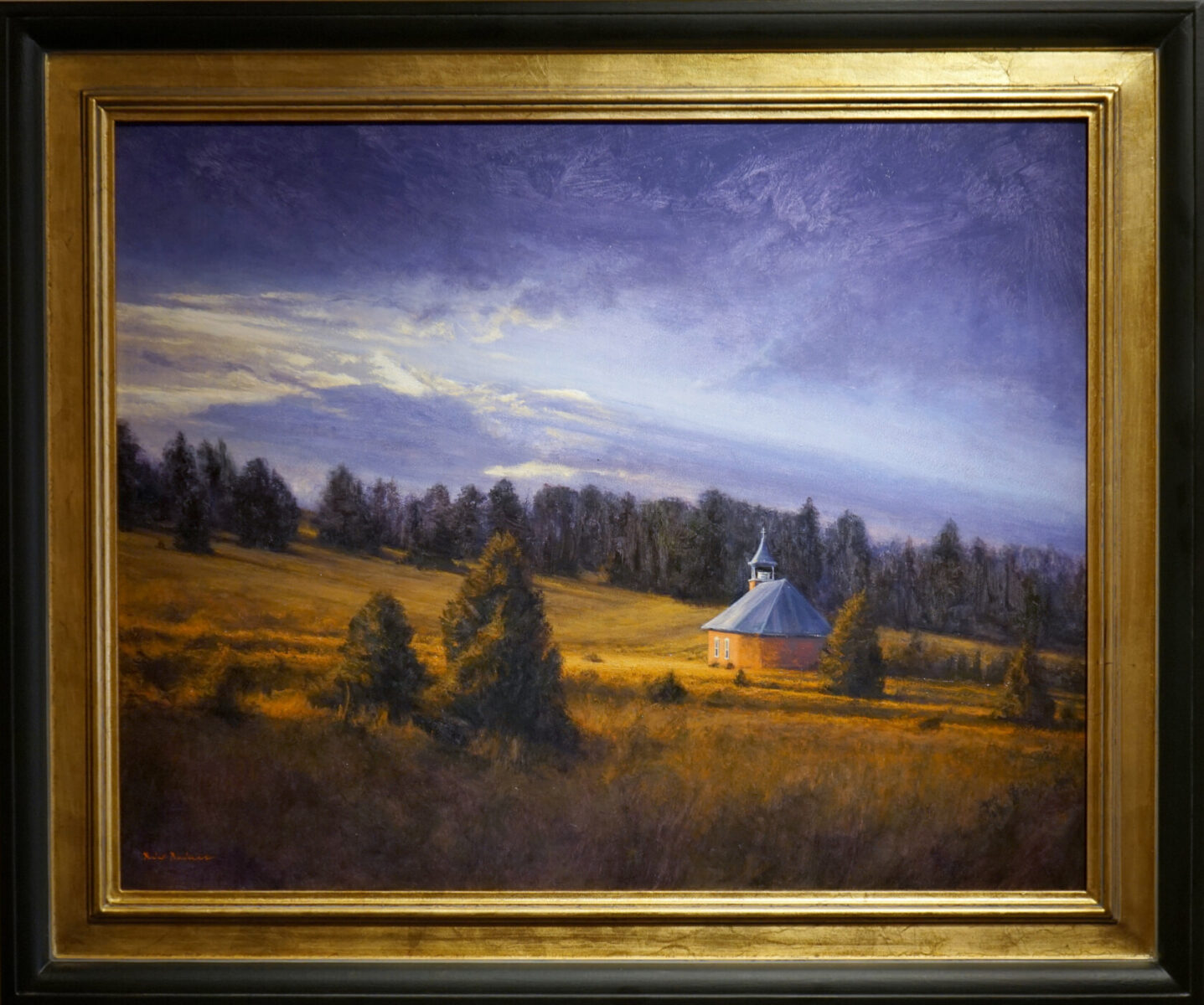 Oil painting of landscape and adobe church by Dix Baines