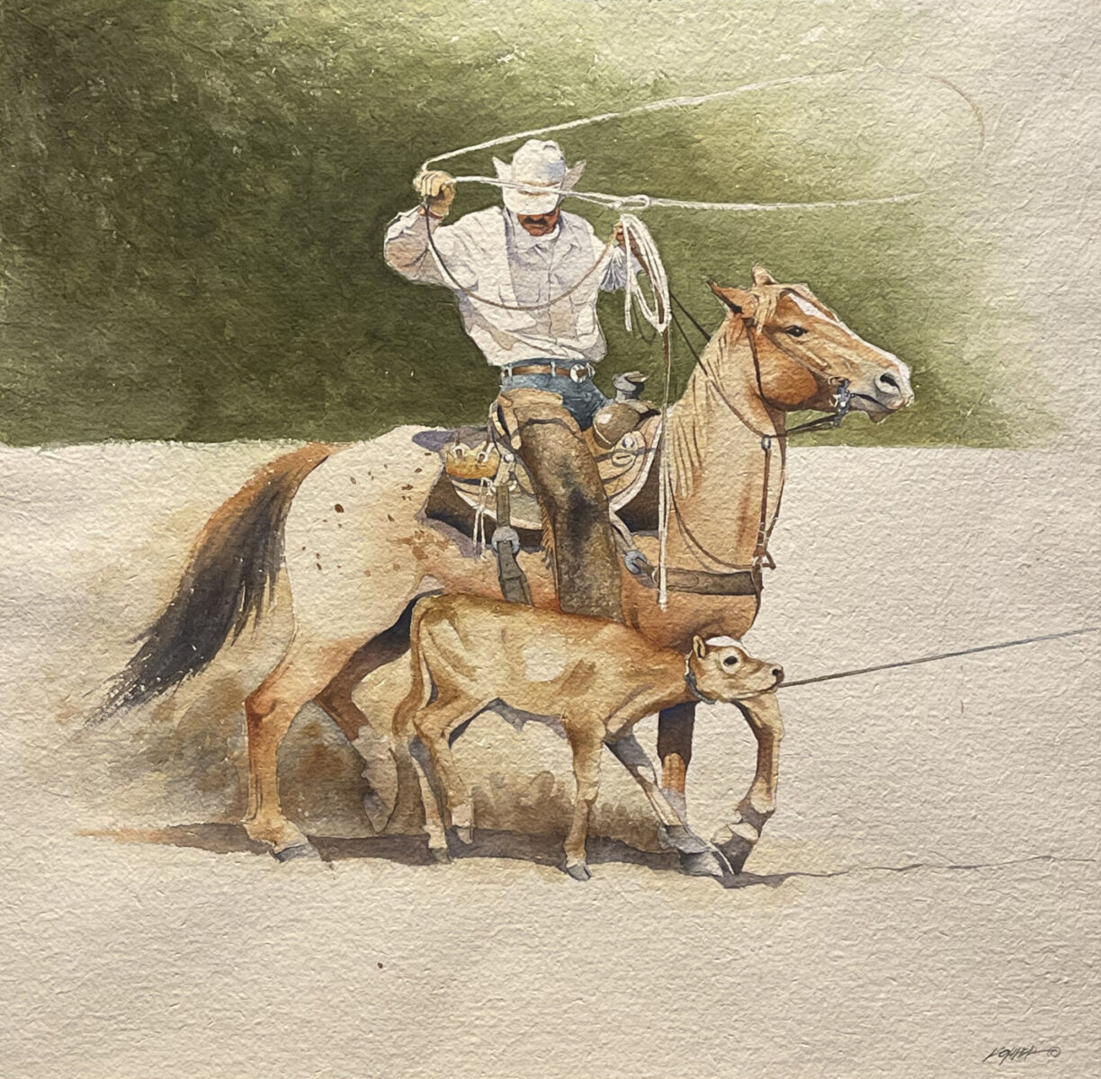Watercolor painting of man in a rodeo riding horse by Mark Kohler