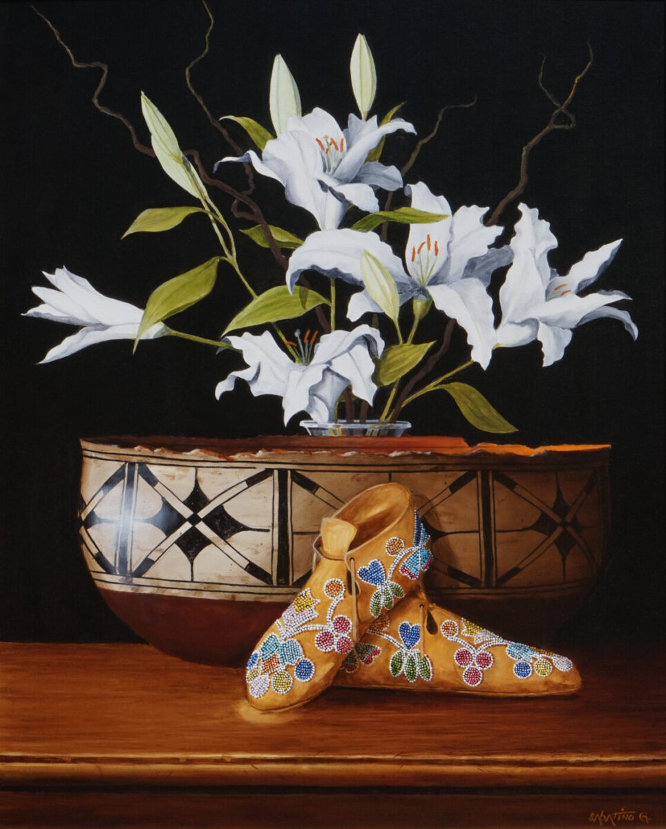 Oil still life painting of lilies and moccasins by Chuck Sabatino